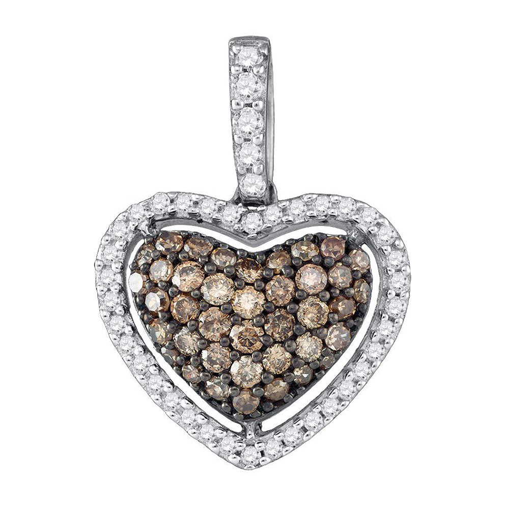 10kt White Gold Womens Round Brown Diamond Heart Pendant 1/2 Cttw