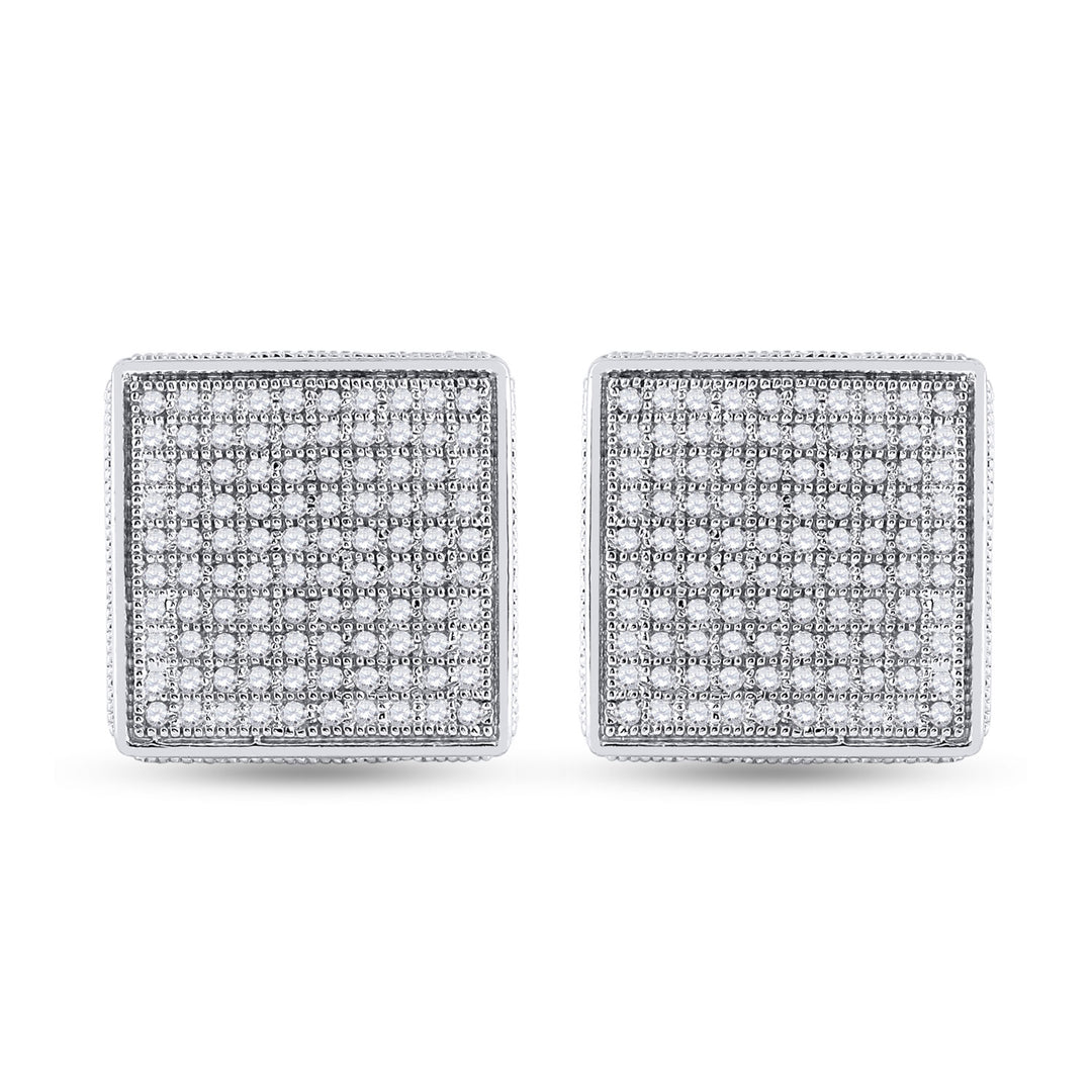 Sterling Silver Mens Round Diamond 3D Square Earrings 1/2 Cttw