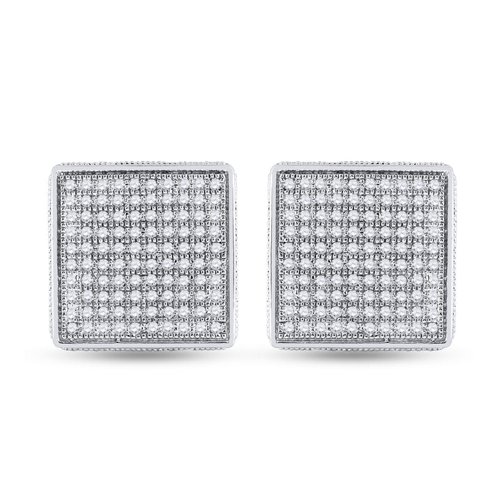 Sterling Silver Mens Round Diamond 3D Square Earrings 1/2 Cttw