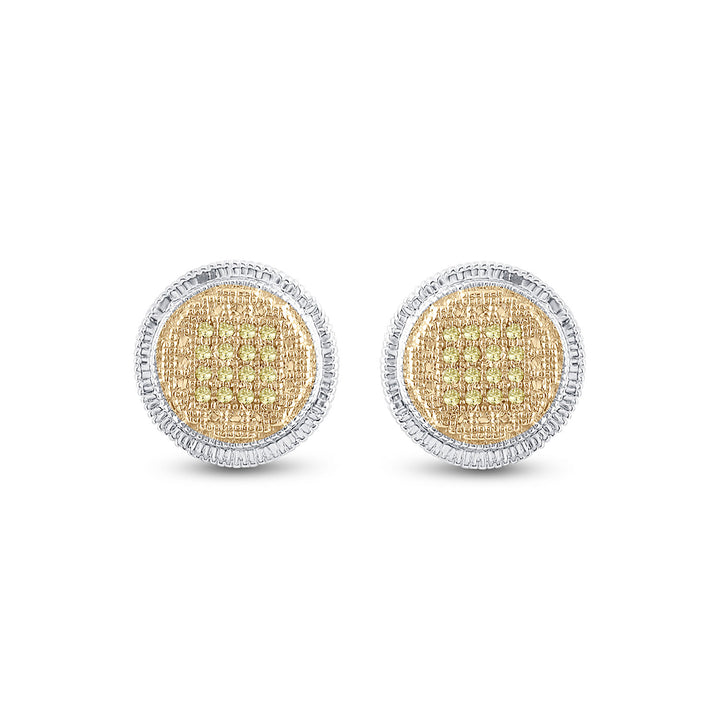 Sterling Silver Mens Round Yellow Color Enhanced Diamond Disk Circle Earrings 1/10 Cttw