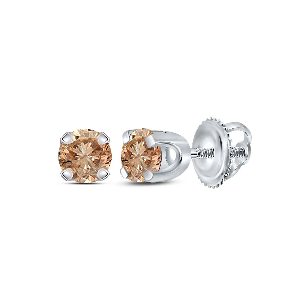 10kt White Gold Womens Round Brown Diamond Solitaire Earrings 1/4 Cttw