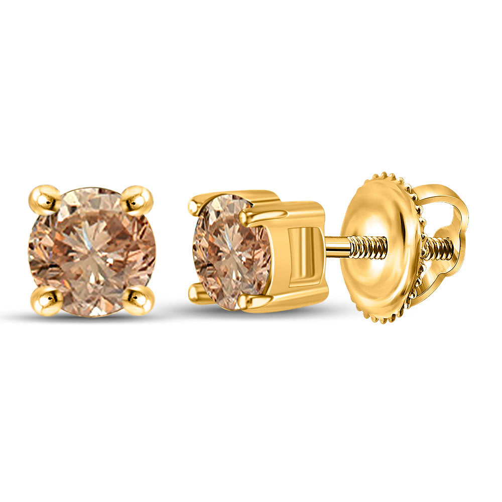 10kt Yellow Gold Womens Round Brown Diamond Stud Earrings 1/2 Cttw
