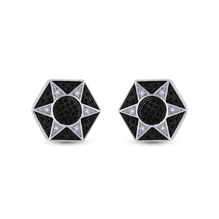 Sterling Silver Round Black Color Enhanced Diamond Hexagon Star Cluster Earrings 1/5 Cttw