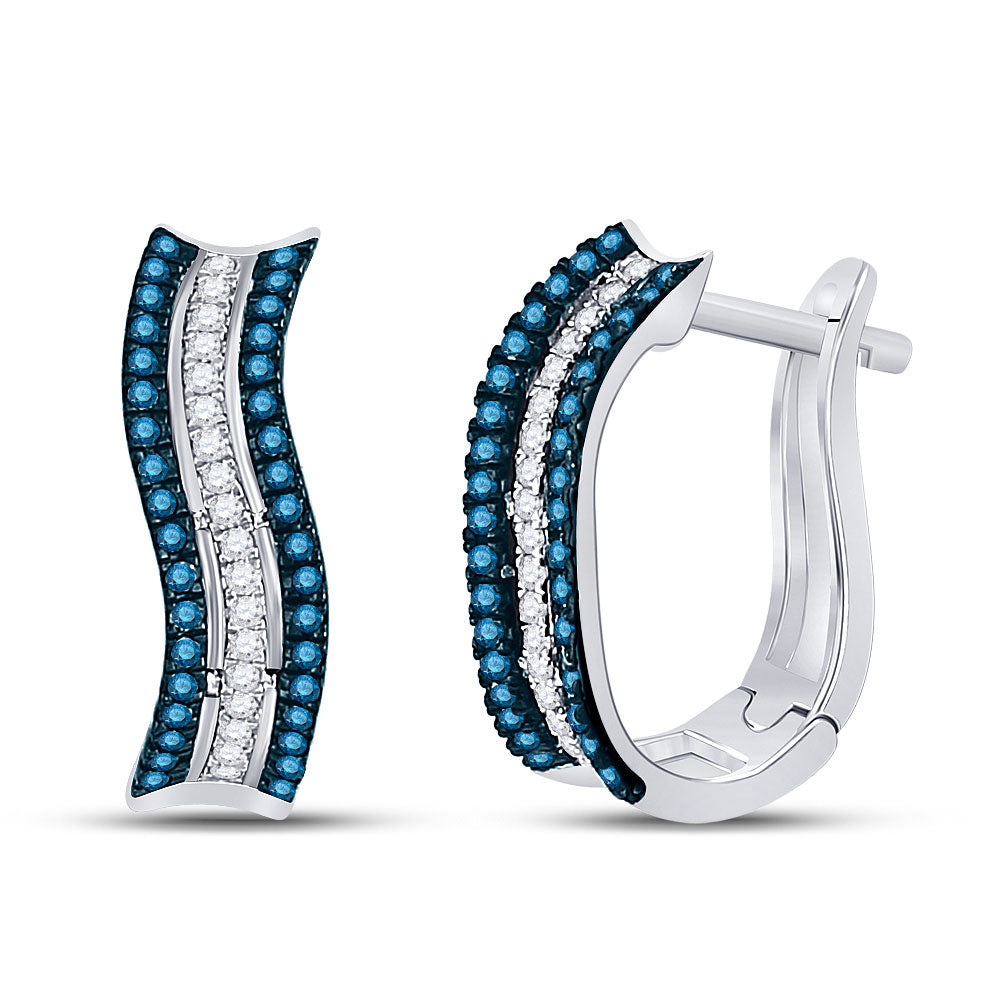10kt White Gold Womens Round Blue Color Enhanced Diamond Striped Hoop Earrings 1/4 Cttw