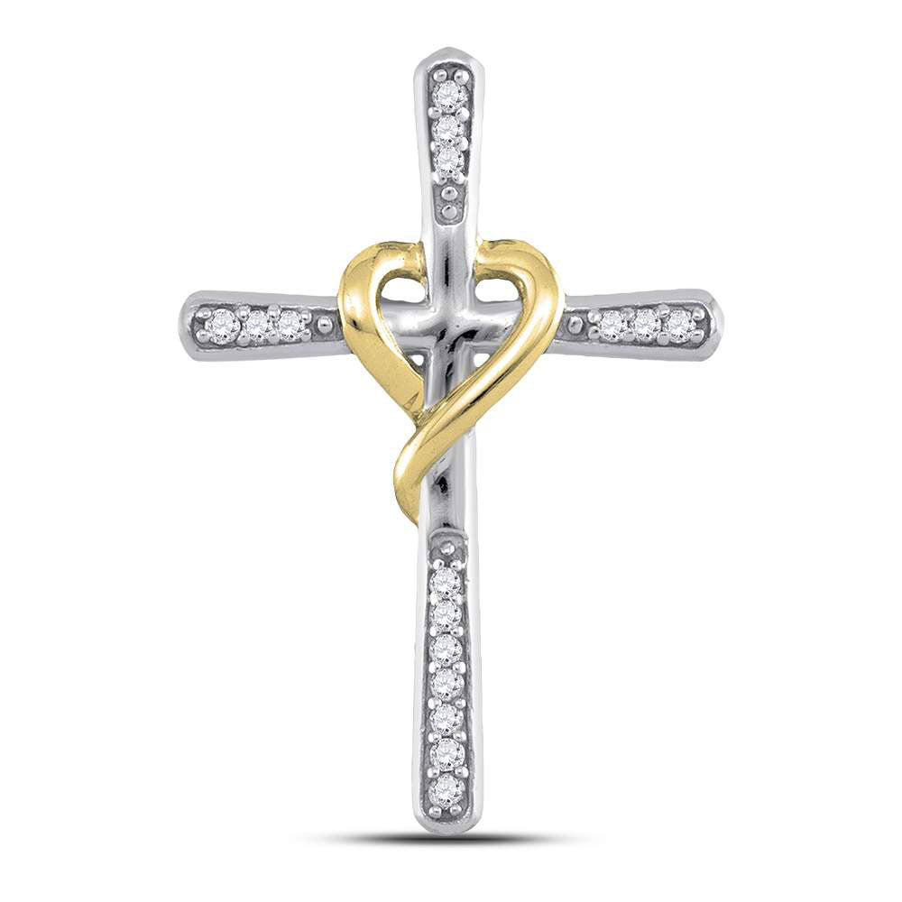 10kt Two-tone Gold Womens Round Diamond Cross Pendant 1/20 Cttw