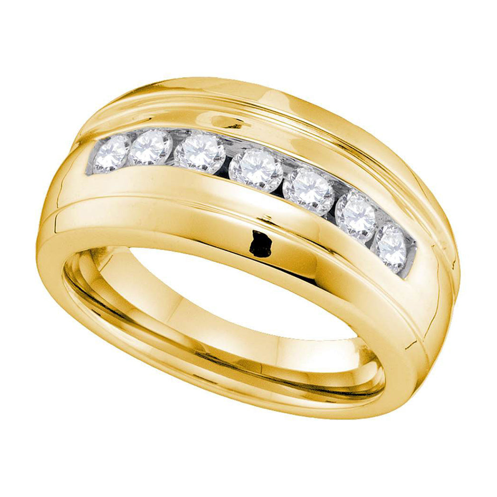 10kt Yellow Gold Mens Round Channel-set Diamond Ridged Wedding Band Ring 3/4 Cttw