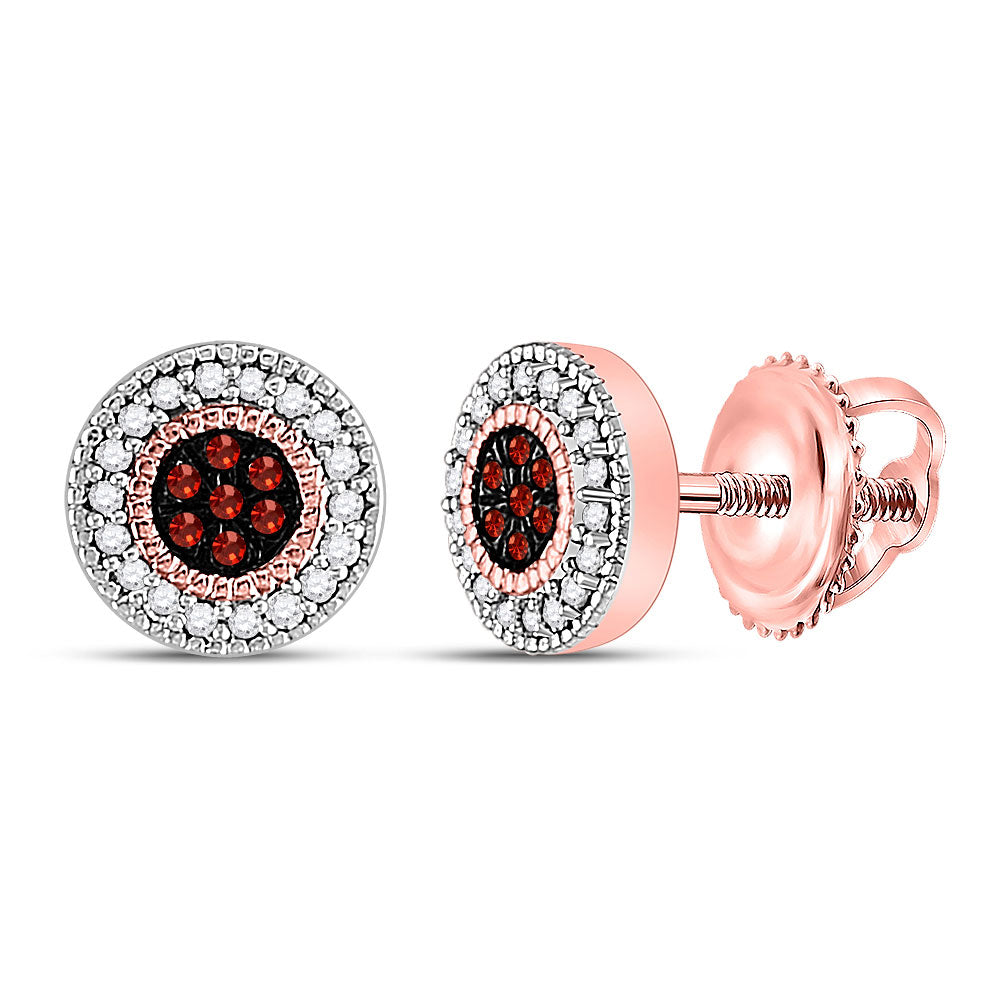 10kt Rose Gold Womens Round Red Color Enhanced Diamond Cluster Earrings 1/8 Cttw