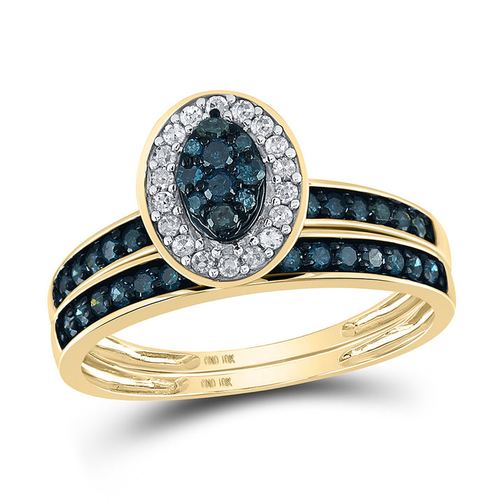 10kt Yellow Gold Round Blue Color Enhanced Diamond Bridal Wedding Ring Band Set 1/2 Cttw