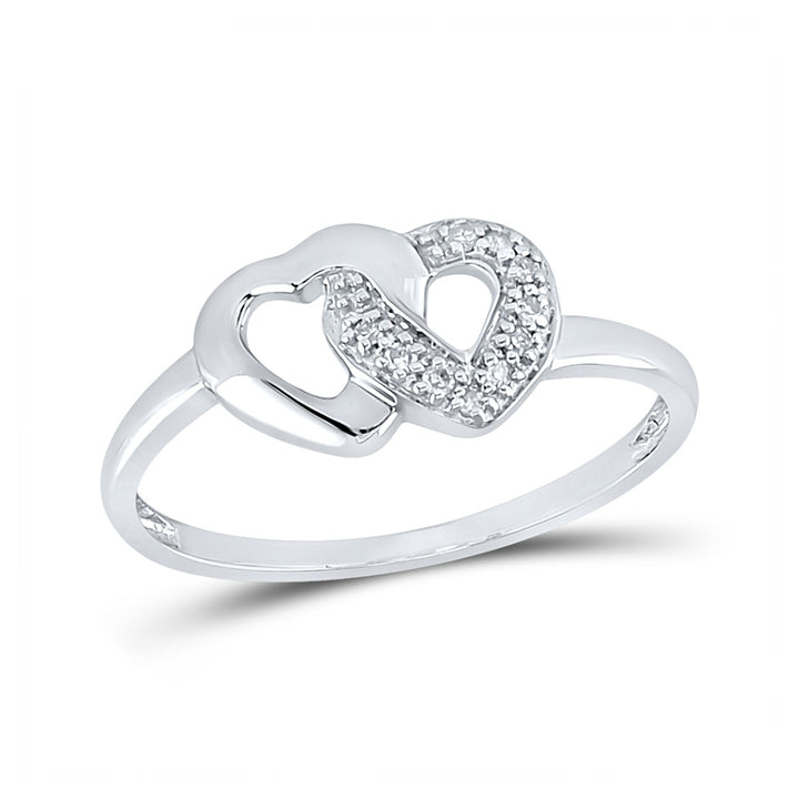 Sterling Silver Womens Round Diamond Double Linked Heart Ring 1/20 Cttw