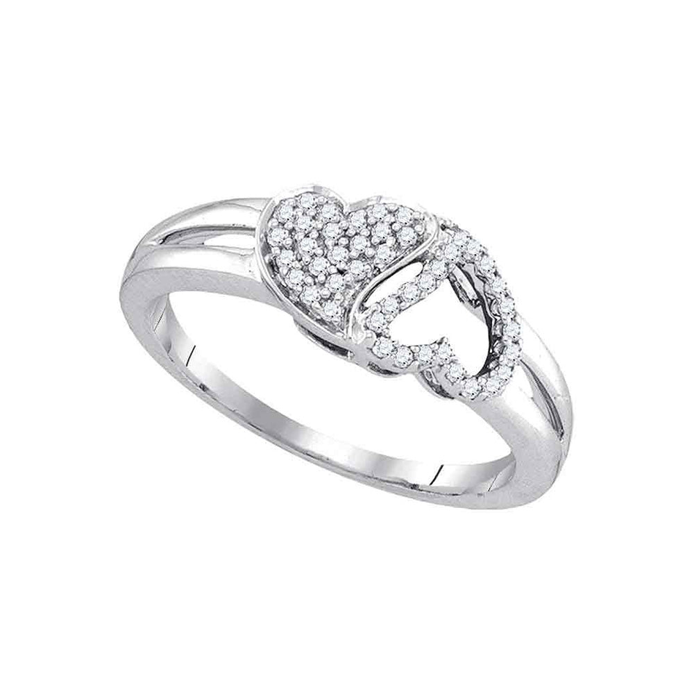 10kt White Gold Womens Round Diamond Double Heart Ring 1/5 Cttw