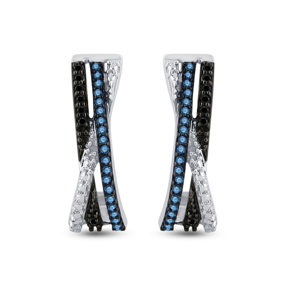 Sterling Silver Womens Round Blue Color Enhanced Diamond Half J Hoop Earrings 1/5 Cttw