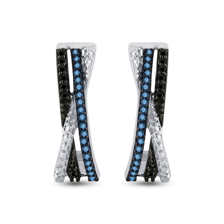 Sterling Silver Womens Round Blue Color Enhanced Diamond Half J Hoop Earrings 1/5 Cttw