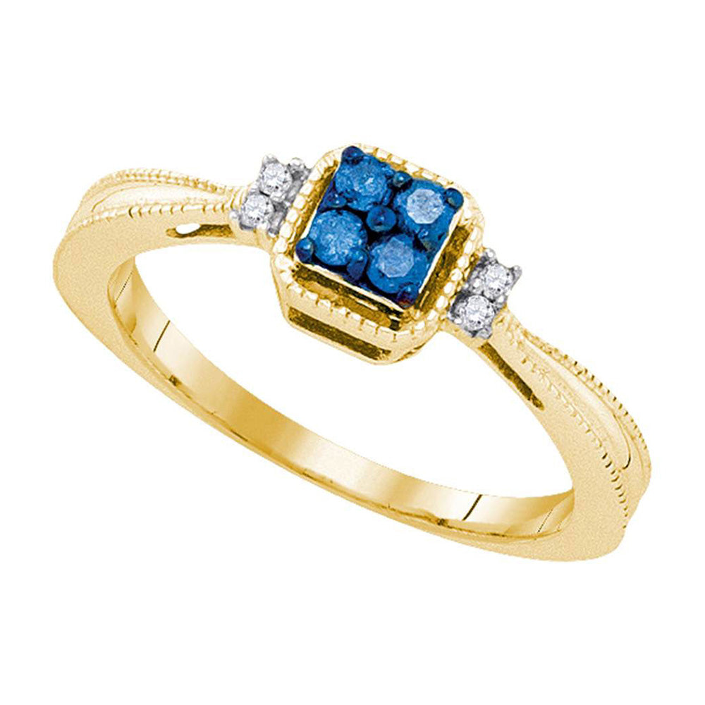 10kt Yellow Gold Womens Round Blue Color Enhanced Diamond Simple Cluster Ring 1/6 Cttw