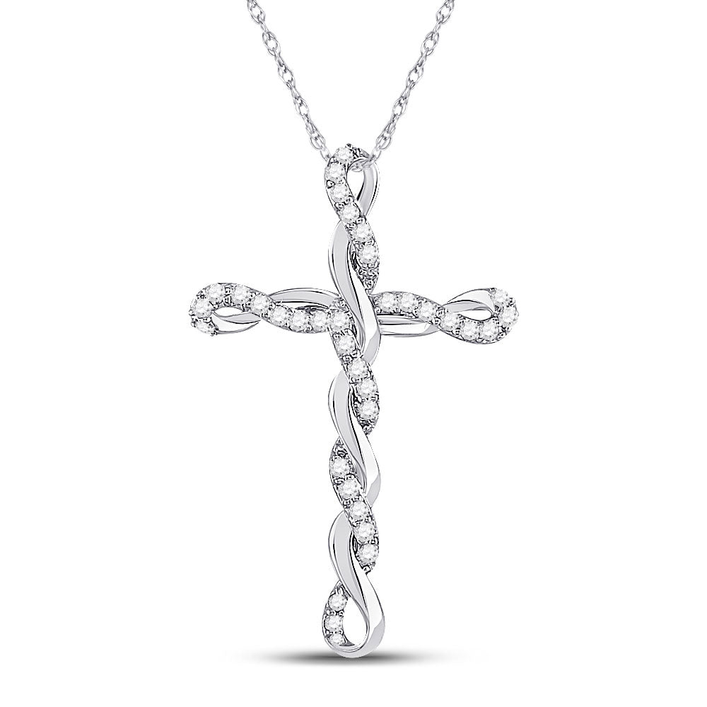 10kt White Gold Womens Round Diamond Twist Cross Pendant 1/4 Cttw