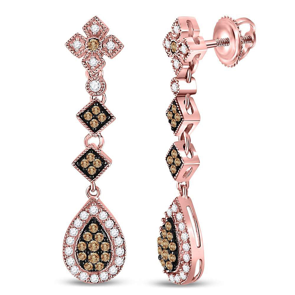 14kt Rose Gold Womens Round Brown Diamond Dangle Earrings 5/8 Cttw