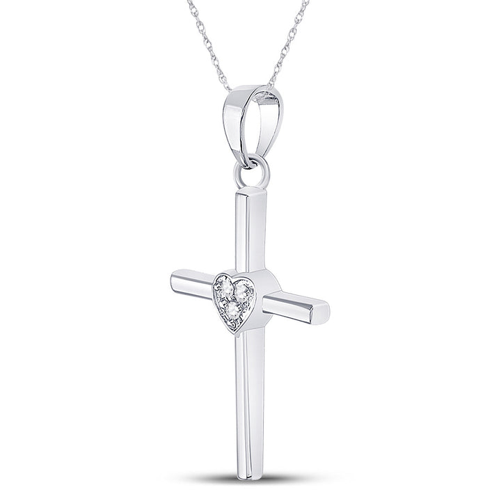 Sterling Silver Womens Round Diamond Heart Cross Pendant .03 Cttw