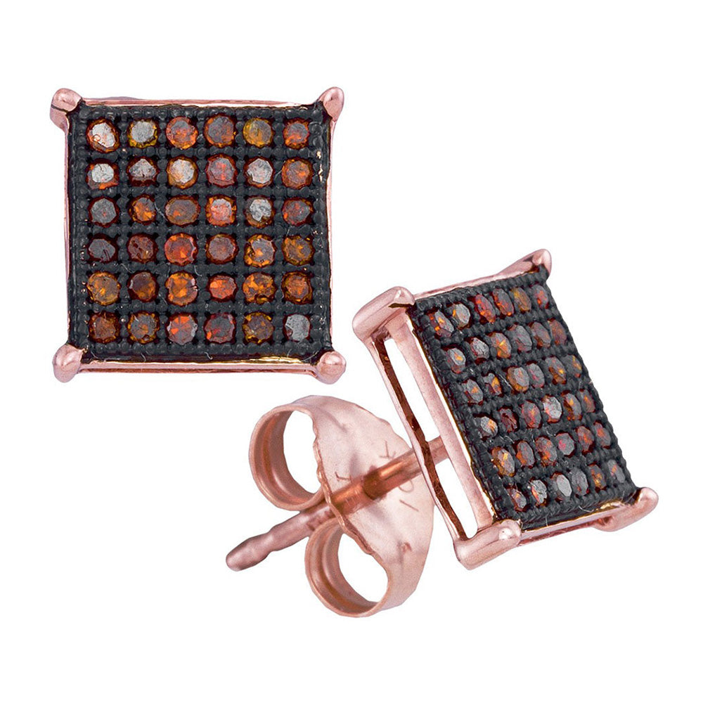 10kt Rose Gold Womens Round Red Color Enhanced Diamond Square Cluster Earrings 1/4 Cttw