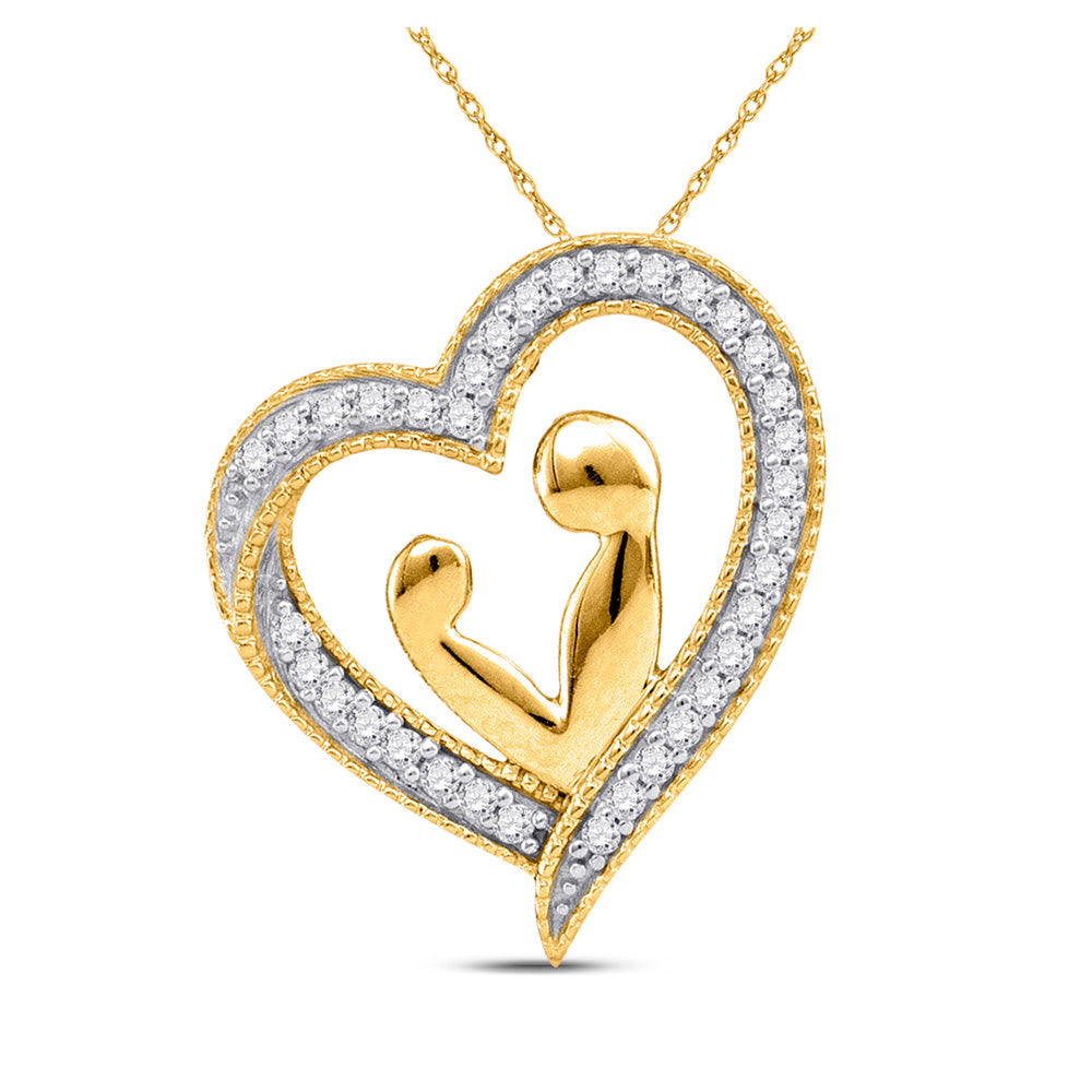 10kt Yellow Gold Womens Round Diamond Heart Mother Child Embrace Pendant 1/10 Cttw