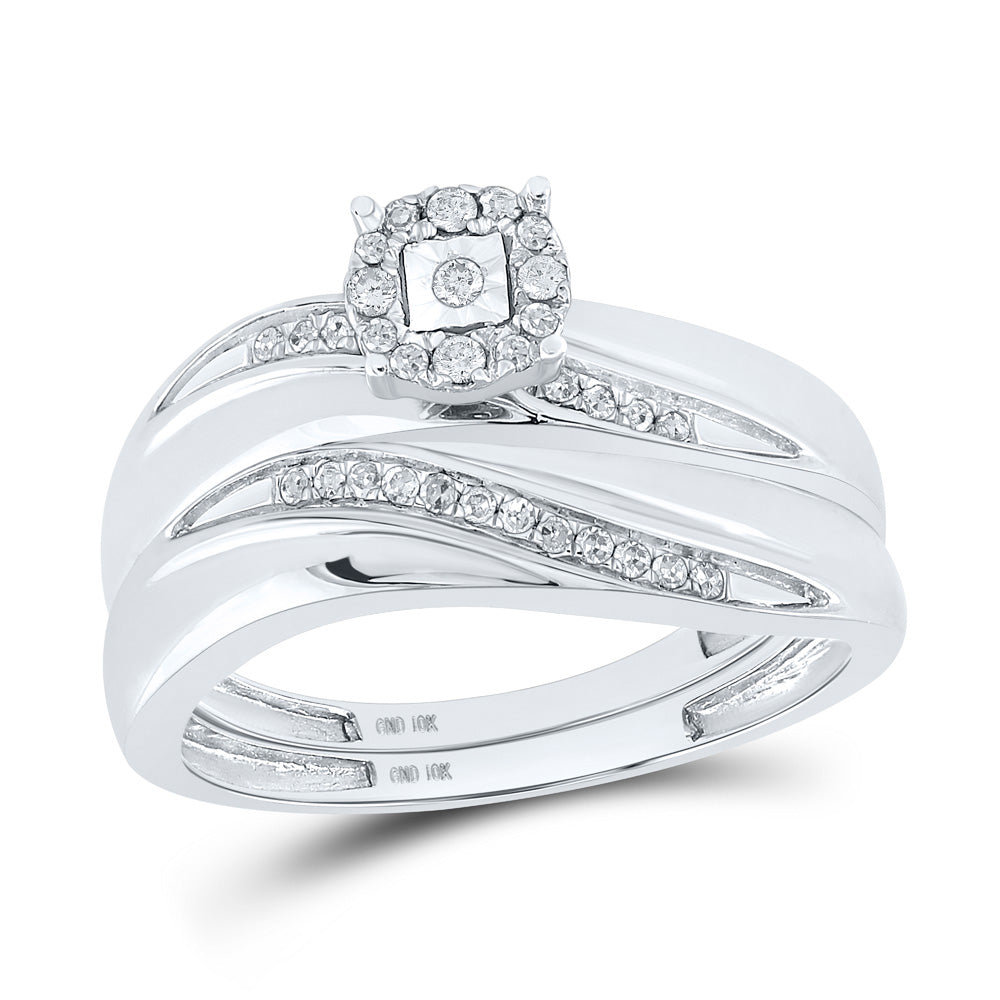 10k White Gold Round Diamond Mens Womens Trio Matching Halo Wedding Bridal Ring Set 1/5 Cttw