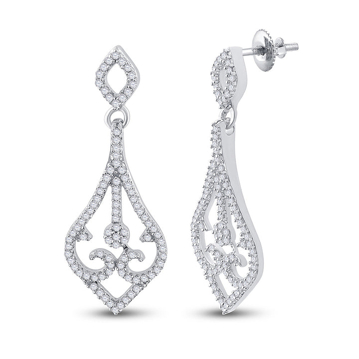 10kt White Gold Womens Round Diamond Scroll Teardrop Dangle Earrings 1/3 Cttw