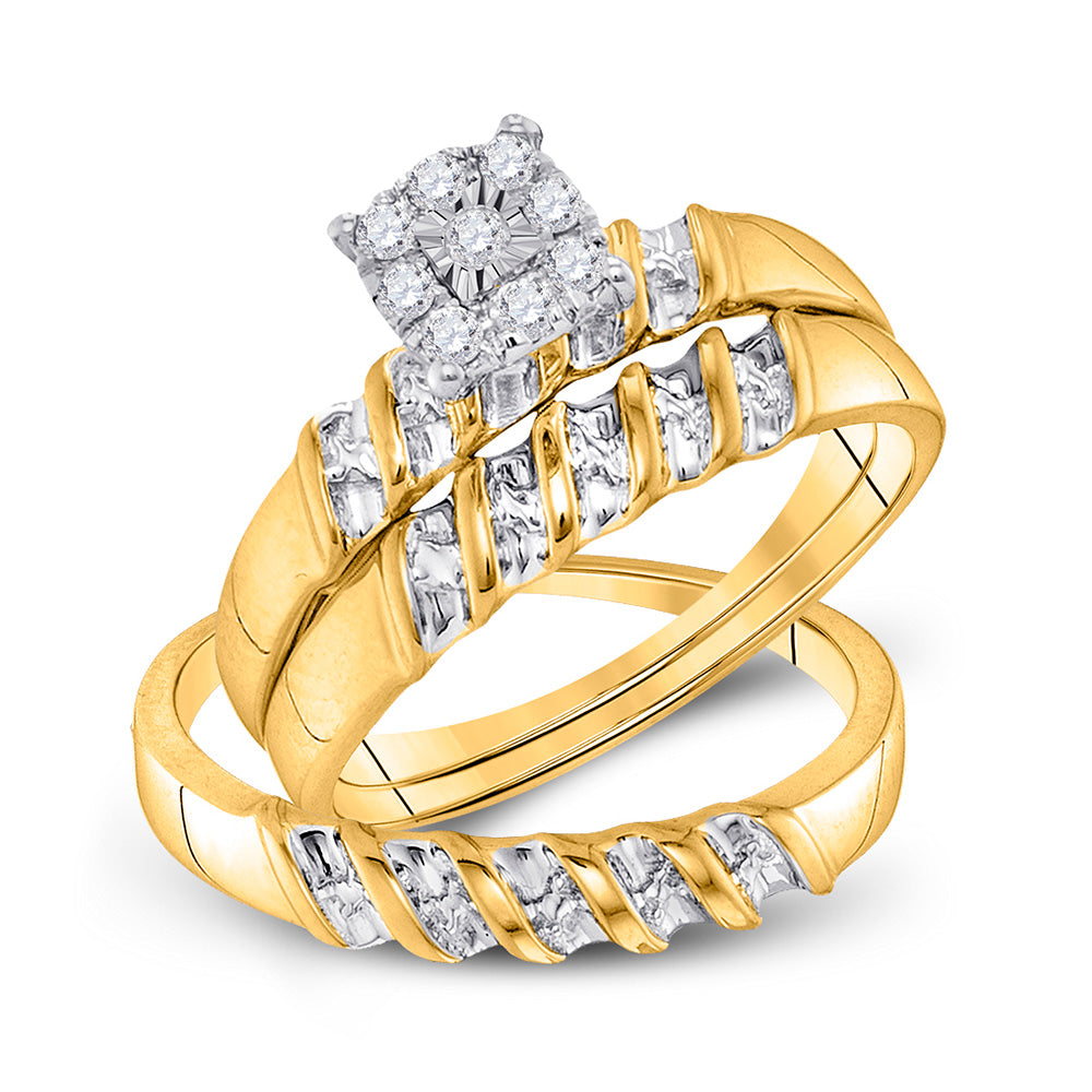 10kt Yellow Gold His Hers Round Diamond Solitaire Matching Wedding Set 1/8 Cttw