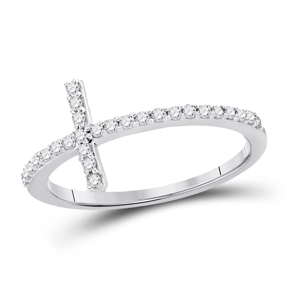 10kt White Gold Womens Round Diamond Cross Religious Band Ring 1/5 Cttw