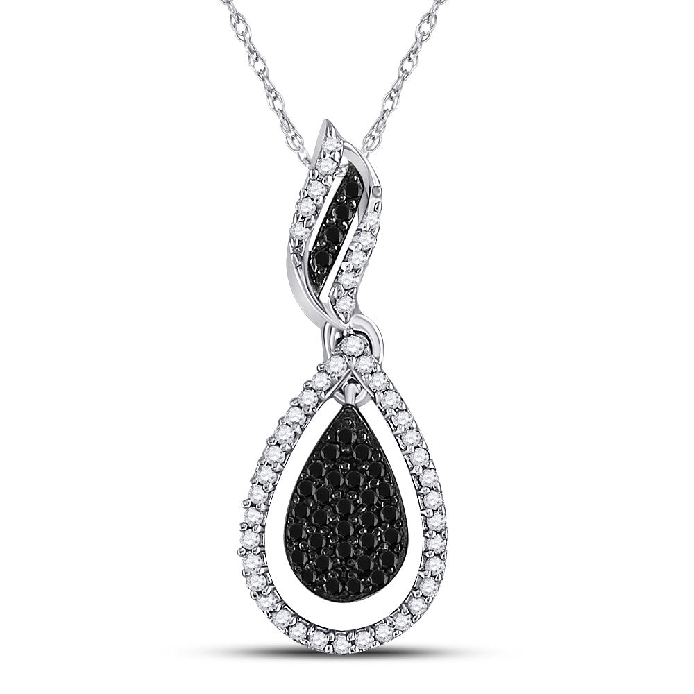 10kt White Gold Womens Round Black Color Enhanced Diamond Teardrop Pendant 1/3 Cttw