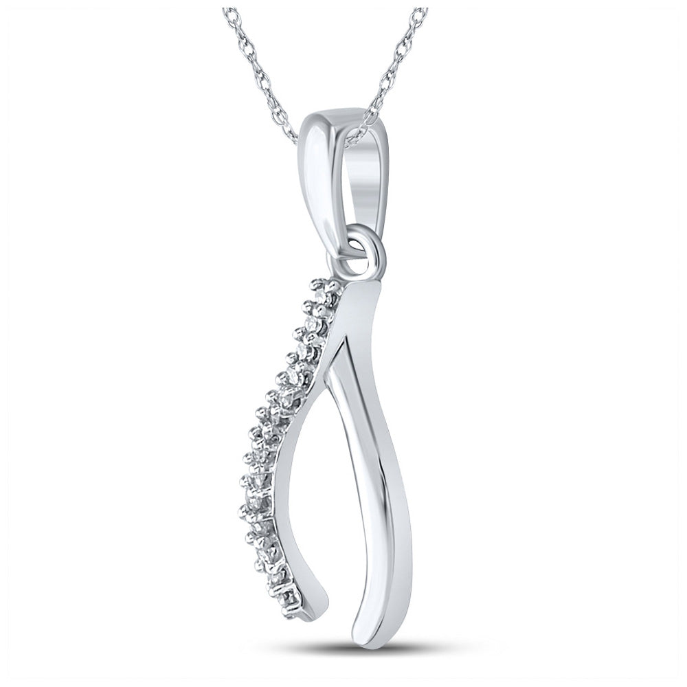 Sterling Silver Womens Round Diamond Lucky Wishbone Pendant 1/20 Cttw