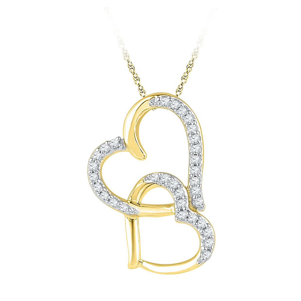 10kt Yellow Gold Womens Round Diamond Linked Double Heart Pendant 1/10 Cttw