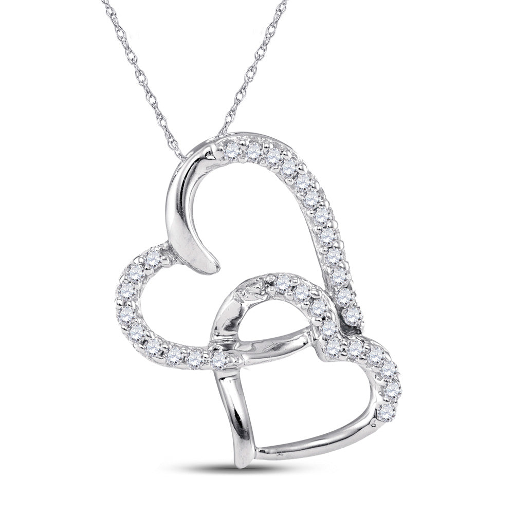 10kt White Gold Womens Round Diamond Linked Double Heart Pendant 1/10 Cttw