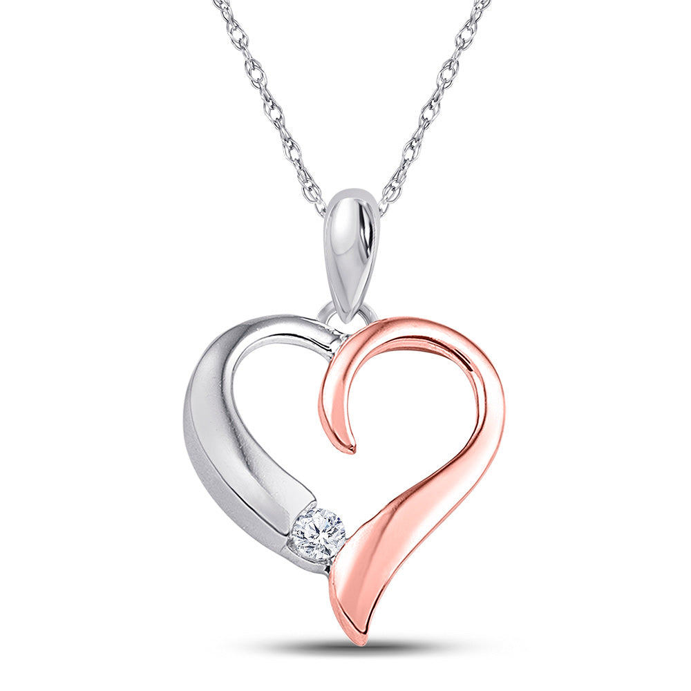 10kt White Gold Womens Round Diamond Rose-tone Heart Solitaire Pendant 1/12 Cttw