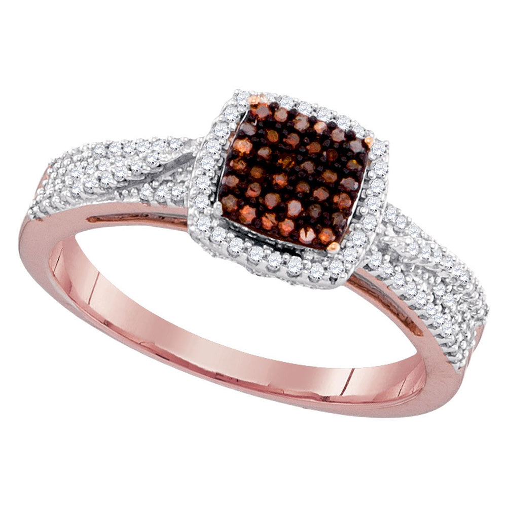 10kt Rose Gold Womens Round Red Color Enhanced Diamond Square Cluster Ring 1/3 Cttw