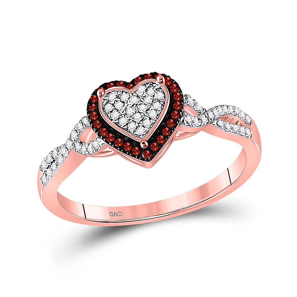 10kt Rose Gold Womens Round Red Color Enhanced Diamond Heart Cluster Twist Ring 1/5 Cttw