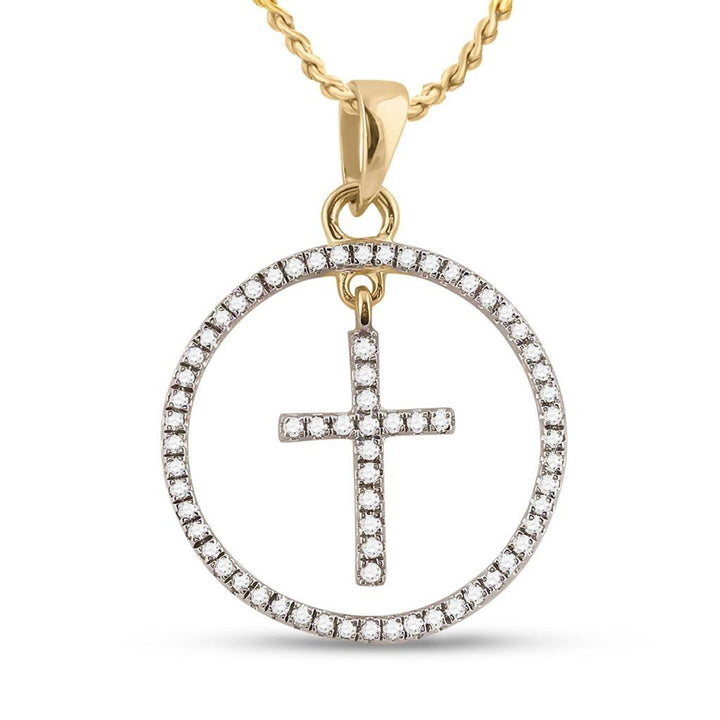 10kt Yellow Gold Womens Round Diamond Circle Cross Pendant 1/4 Cttw