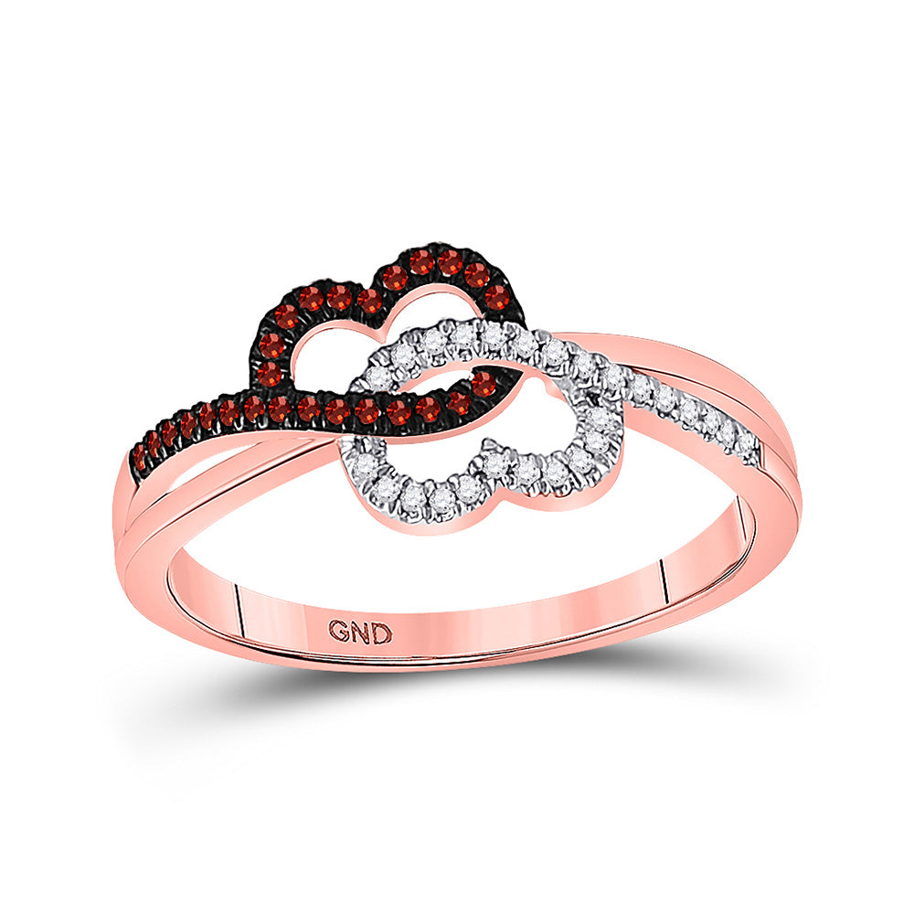 10kt Rose Gold Womens Round Red Color Enhanced Diamond Double Linked Heart Ring 1/6 Cttw