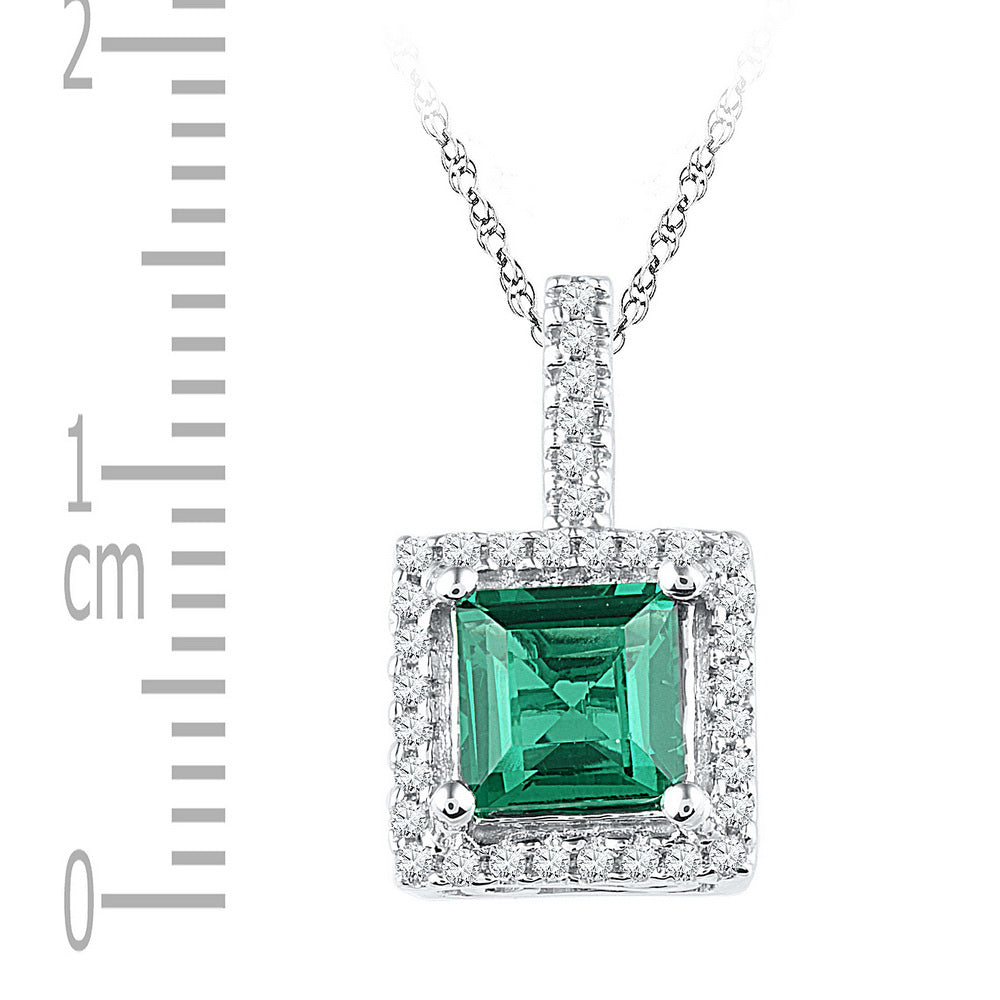 10kt White Gold Womens Cushion Lab-Created Emerald Solitaire & Diamond Pendant 1-3/8 Cttw