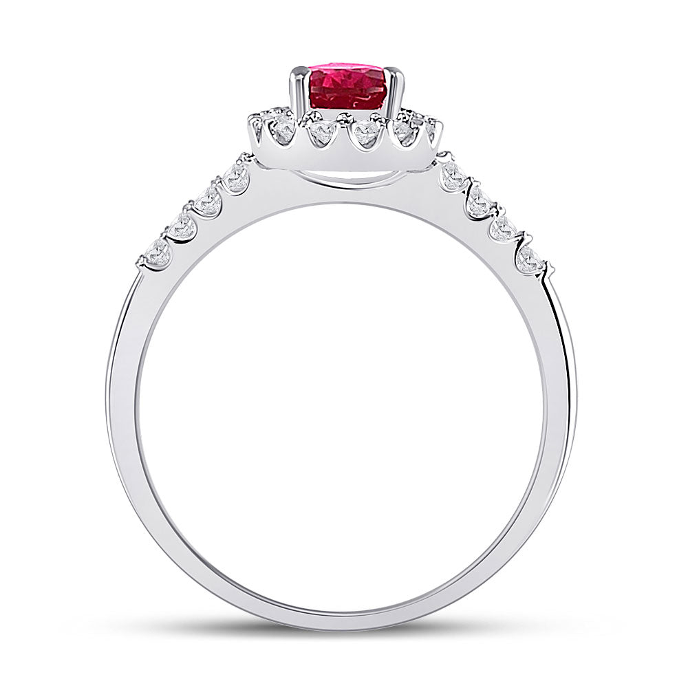 10kt White Gold Womens Pear Lab-Created Ruby Solitaire Diamond Frame Ring 1-1/5 Cttw