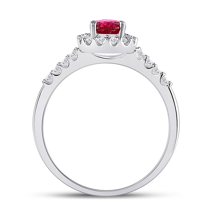 10kt White Gold Womens Pear Lab-Created Ruby Solitaire Diamond Frame Ring 1-1/5 Cttw